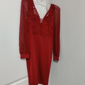 Grace Karin Red Sheath Dress with V-Neck and Bishop Sleeves